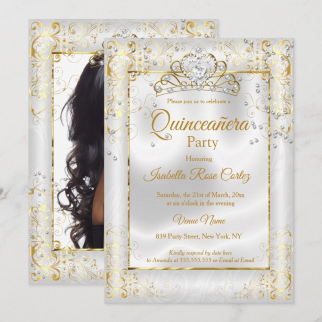 Invitation Quinceanera photo White Gold Tiara Diamond Heart (Devant / Derrière)