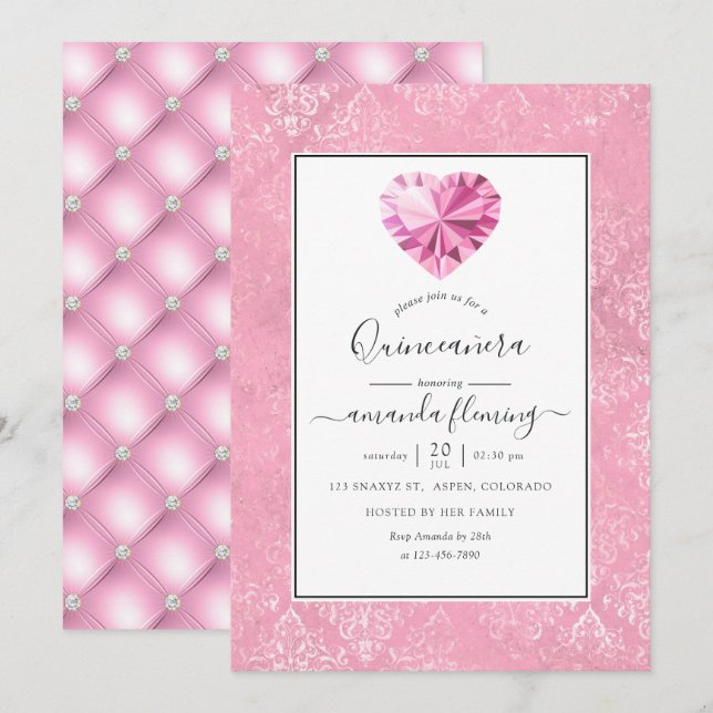 Invitation Quinceañera pierre précieuse rose (Devant / Derrière)