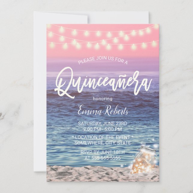 Invitation Quinceanera Pink Beach Mason Jar String Lumière (Devant)