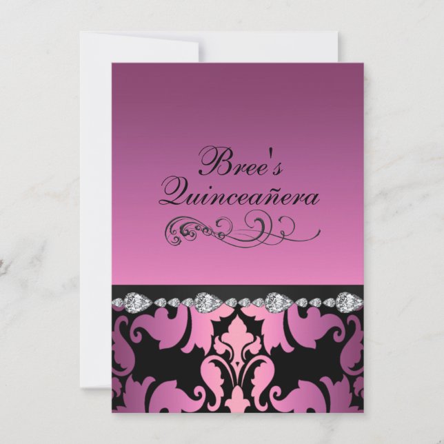Invitation Quinceañera Pink Damask & Diamant (Devant)