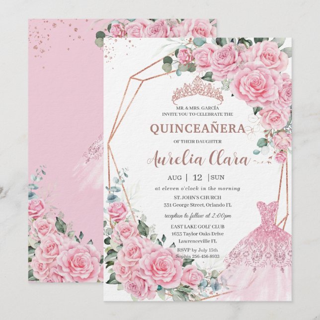 Invitation Quinceanera Pink Floral Princess Dress Rose Gold (Devant / Derrière)