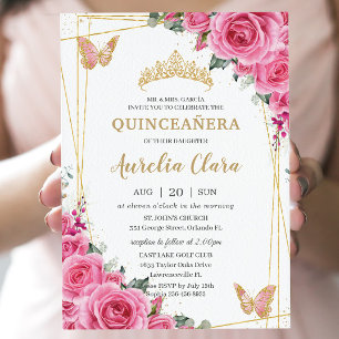 Invitation Quinceañera Pink Fuchsia Floral Papillons d'or