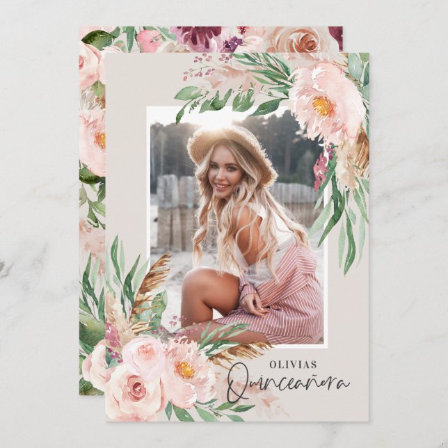 Invitation Quinceañera Pink girly floral photo anniversaire (Devant / Derrière)