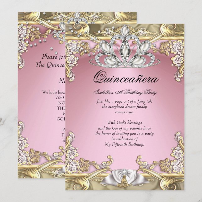 Invitation Quinceanera Pink Gold 15e fête d'anniversaire (Devant / Derrière)