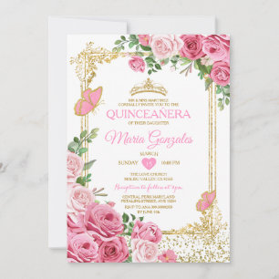 Invitation Quinceañera Pink Gold Crown Butterfly 15 Anos