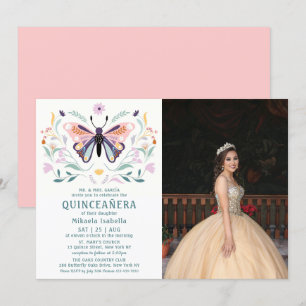 Invitation Quinceañera Pink Purple Butple Photo Floral