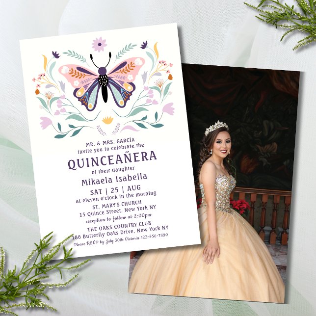 Invitation Quinceañera Pink Purple Butple Photo Floral (Créateur téléchargé)