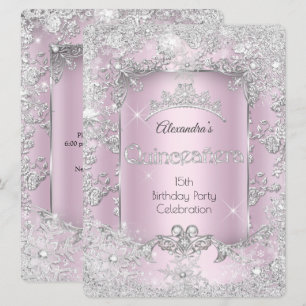 Invitation Quinceanera Pink Silver Tiara Winter Wonderland