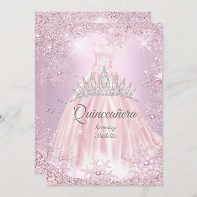 Invitation Quinceanera Pink Snowflake Hiver robe Tiara (Devant / Derrière)