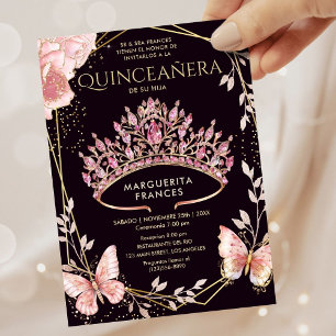 Invitation Quinceañera Pink Tiara Floral Papillon espagnol