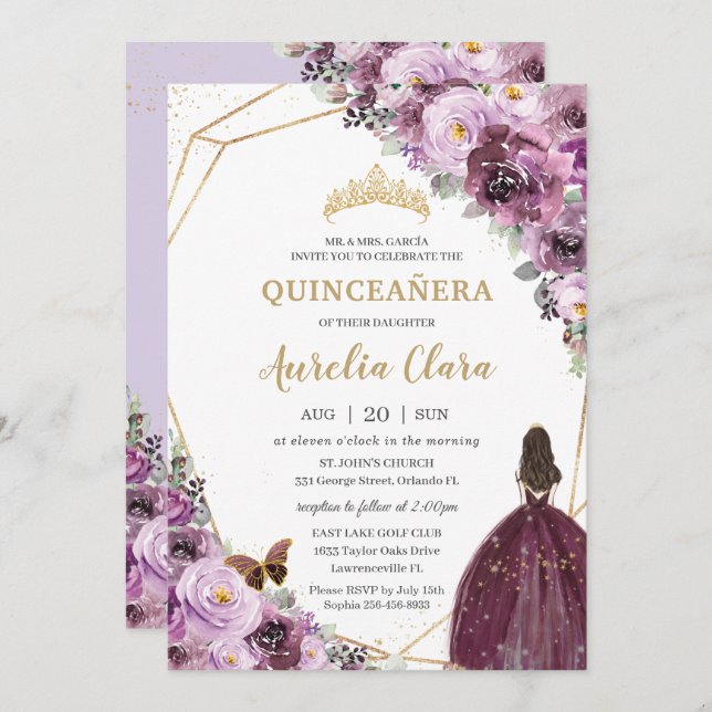 Invitation Quinceañera Plum Mauve Purple Floral Gold Princess (Devant / Derrière)
