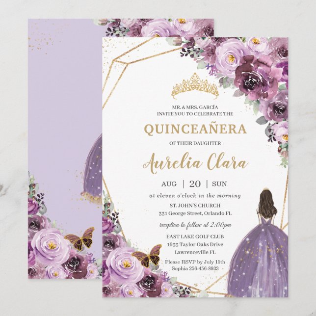 Invitation Quinceañera Plum Mauve Purple Floral Mis Quince 15 (Devant / Derrière)