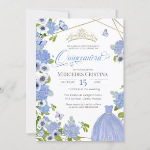 Invitation Quinceañera Princess Blue Garden papillon Tiara