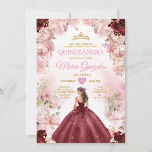 Invitation Quinceañera Princess Burgundy Robe rose Floral