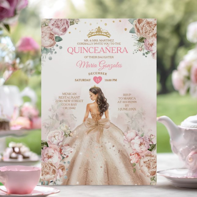 Invitation Quinceañera Princess Champagne et rose pâle (Créateur téléchargé)