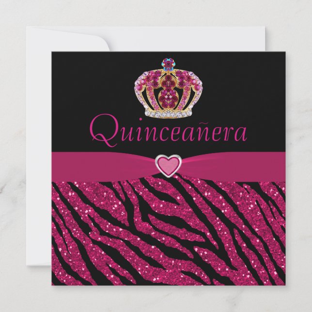 Invitation Quinceanera Princess Crown, Heart & Zebra Parties  (Devant)