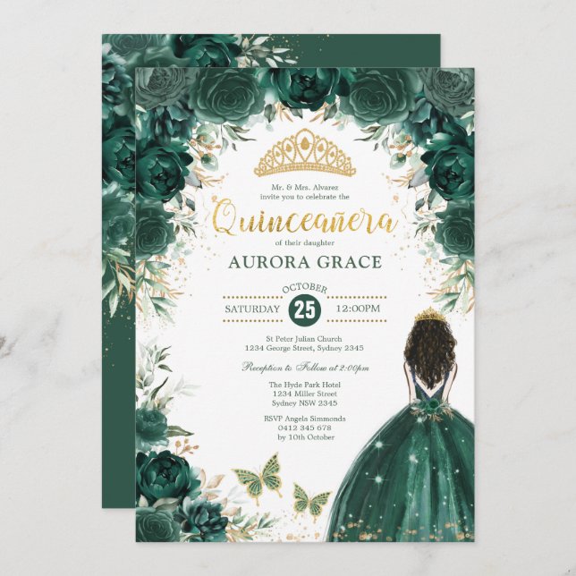 Invitation Quinceañera Princess Emerald Green Floral Annivers (Devant / Derrière)
