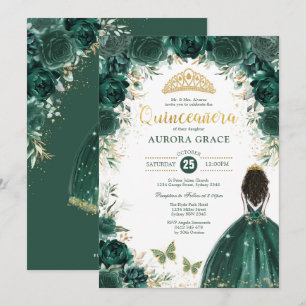 Invitation Quinceañera Princess Emerald Green Floral Annivers