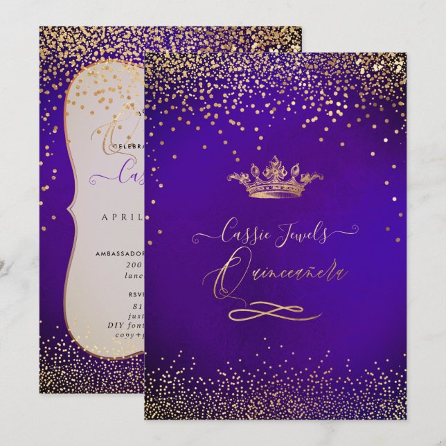 Invitation Quinceanera Princess Faux Gold Confetti Violet (Devant / Derrière)