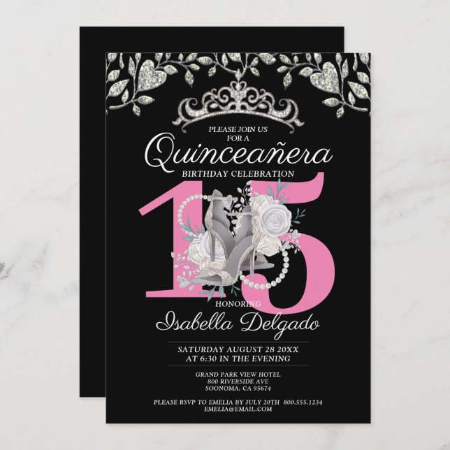 Invitation Quinceanera Princess Pink Black 15e anniversaire (Devant / Derrière)