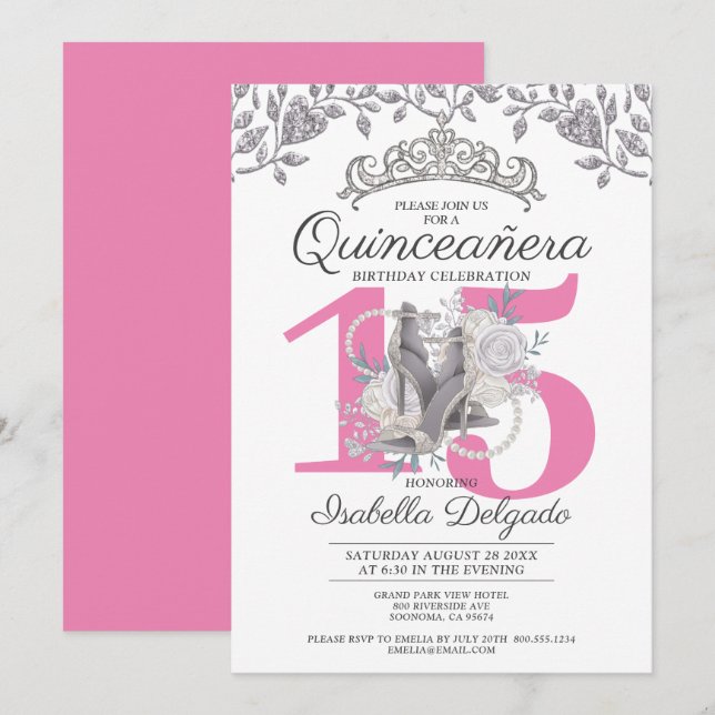Invitation Quinceanera Princess Pink Silver 15e anniversaire (Devant / Derrière)