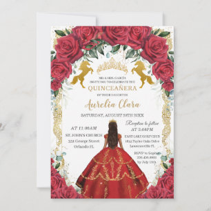 Invitation Quinceañera Princess Red Roses Floral Charro Horse