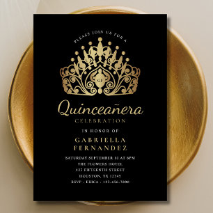 Invitation Quinceañera Princess Tiara Couronne Or noir
