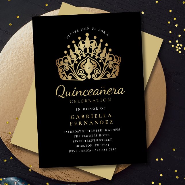 Invitation Quinceanera Princess Tiara Couronne Or noir (Créateur téléchargé)