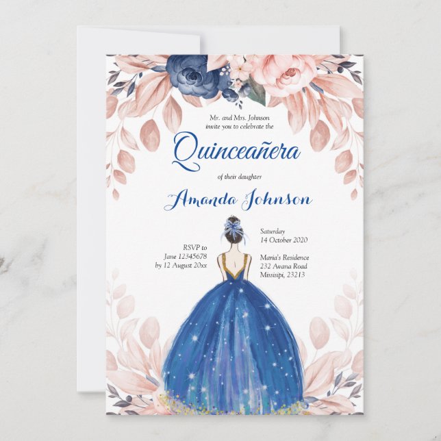 Invitation Quinceañera Princesse Bleu Marine Espagnol 15 Ans (Devant)