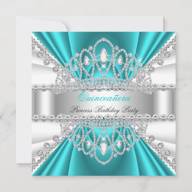 Invitation Quinceanera Princesse Bleu Turquoise Blanc Diamant (Devant)