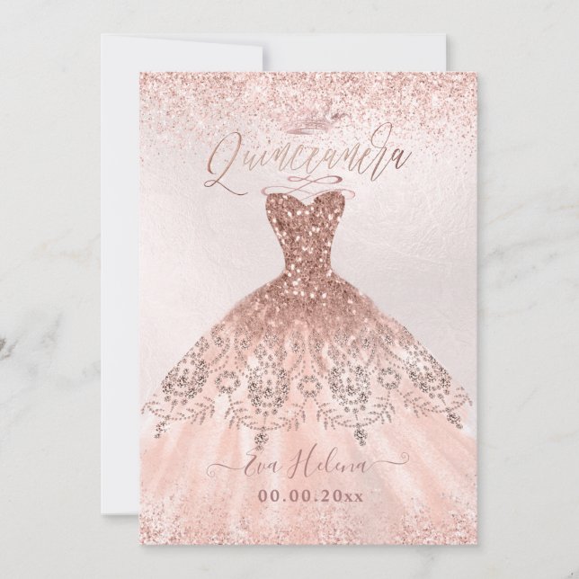 Invitation Quinceañera, Princesse Faux Rose Gold Tiara+Gown (Devant)