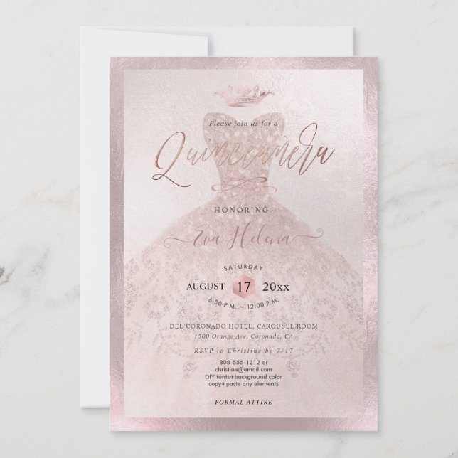 Invitation Quinceañera, Princesse Faux Rose Gold Tiara+Gown (Dos)
