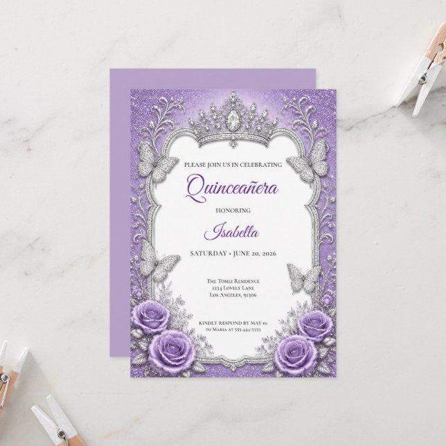 Invitation Quinceañera Princesse Fleur Argent Violet (Devant/Arrière en situation)
