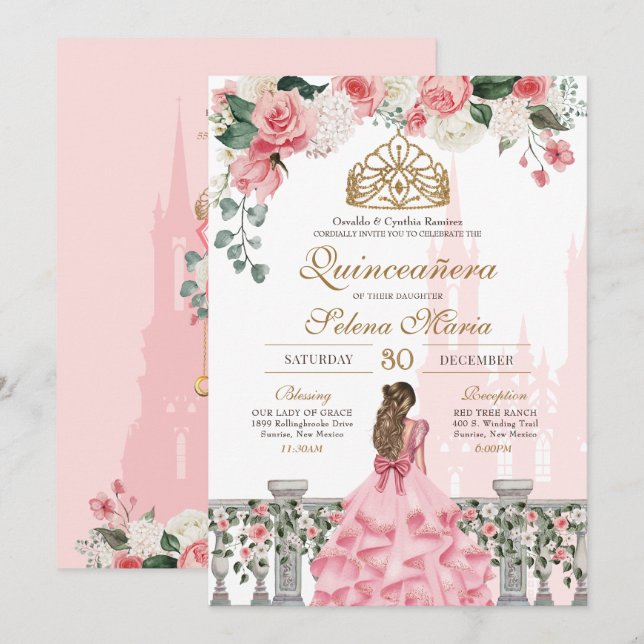 Invitation Quinceanera Princesse Fleur Rose & Or Conte de Fée (Devant / Derrière)