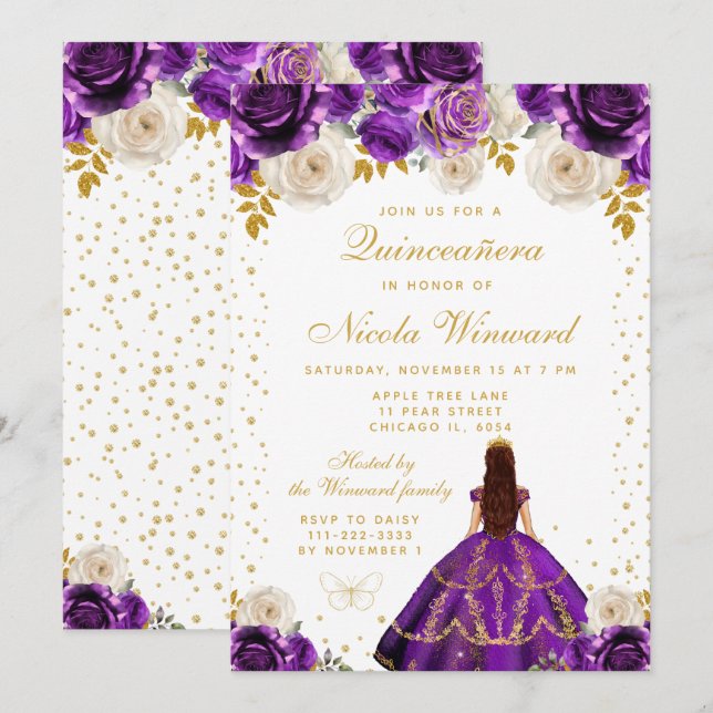Invitation Quinceañera Princesse Fleurie Violette (Devant / Derrière)