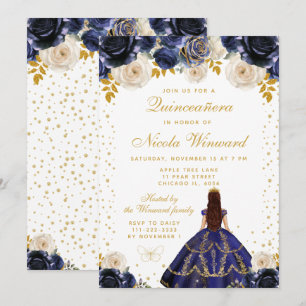 Invitation Quinceañera princesse florale bleu marine