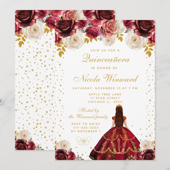 Invitation Quinceañera princesse florale rouge (Devant / Derrière)
