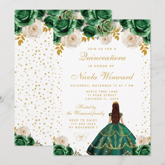 Invitation Quinceañera Princesse Florale Verte (Devant / Derrière)