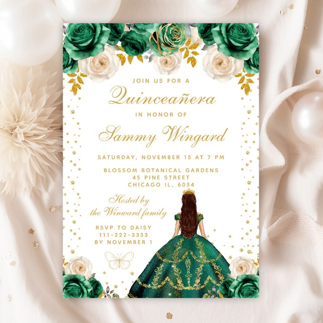 Invitation Quinceañera Princesse Florale Verte (Créateur téléchargé)