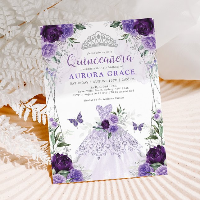 Invitation Quinceañera Princesse Robe violet argent fleuri (Créateur téléchargé)