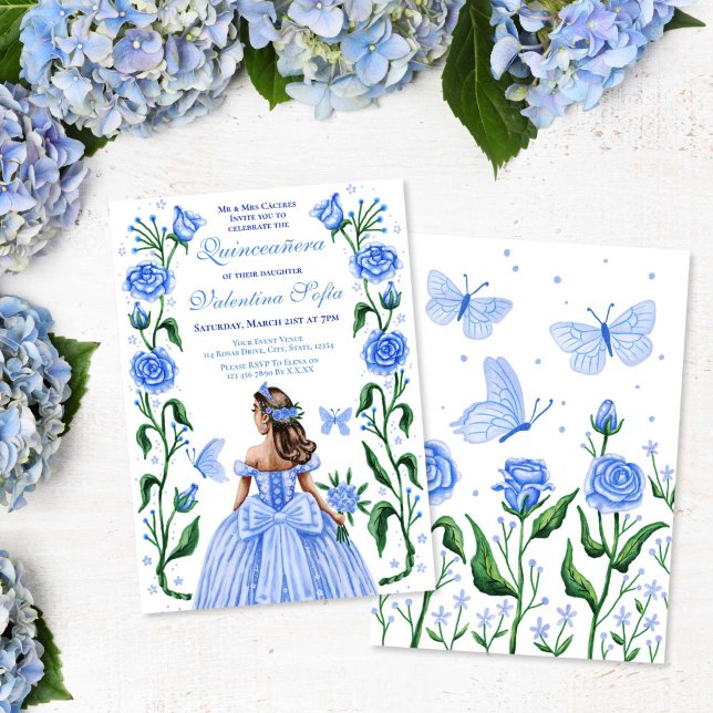 Invitation Quinceanera Princesse Rose papillon Bébé Bleu (Quinceanera Princess Roses Butterfly Baby Blue Invitation)