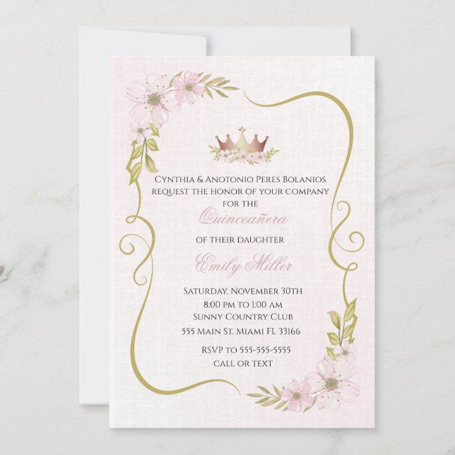 Invitation Quinceañera princesse rose poudré (Devant)