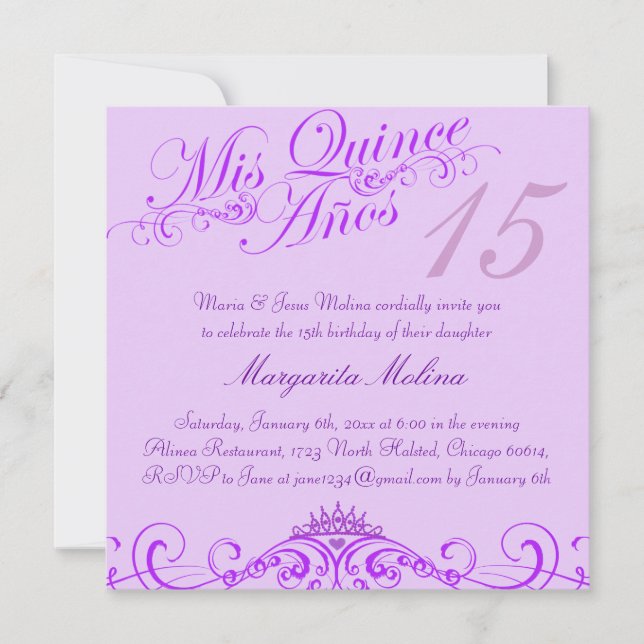 Invitation Quinceanera Princesse Tiara Violet (Devant)