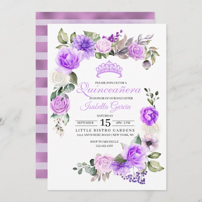 Invitation Quinceanera printanière pourpre Anniversaire Invit (Devant / Derrière)