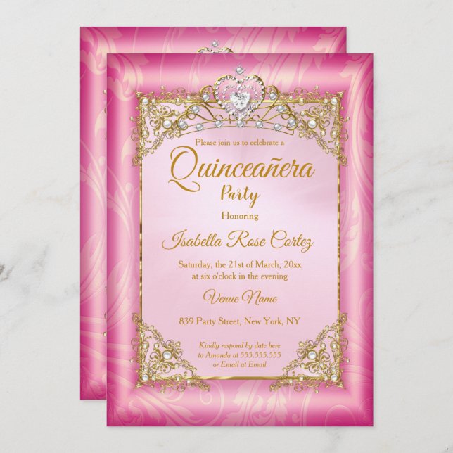 Invitation Quinceanera profonde rose Damas photo Gold Tiara (Devant / Derrière)
