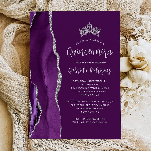 Invitation Quinceañera prune argentée agate violette (Créateur téléchargé)