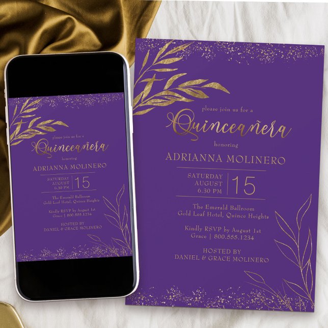 Invitation Quinceanera Purple et Feuille d'or Élégant Anniver (Modern Quinceanera invitation in purple from my Gold Leaf Collection
)