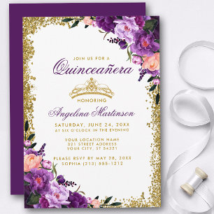 Invitation Quinceanera Purple Floral Parties scintillant de C