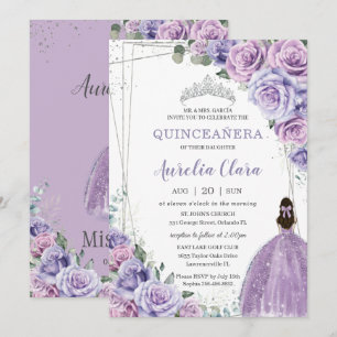 Invitation Quinceañera Purple Floral Princess Argent Annivers