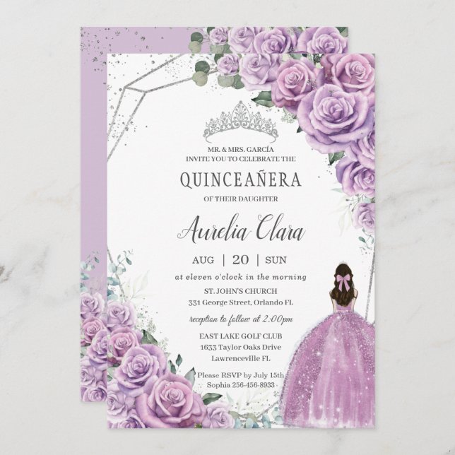 Invitation Quinceañera Purple Floral Princess Argent Annivers (Devant / Derrière)